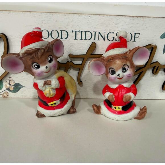Vintage Santa Mouse Figurines, Taiwan Ceramic Pair, Christmas Shelf Sitter Decor - Picture 2 of 11
